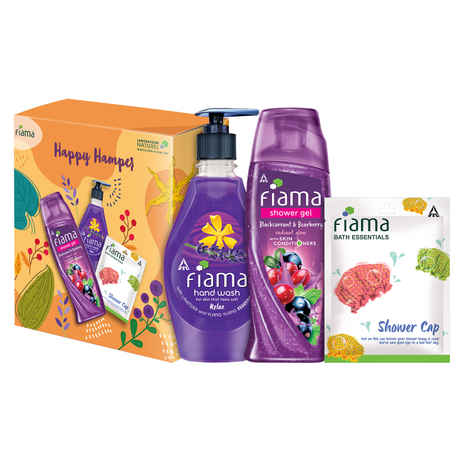 Fiama Gift Pack Happy Hamper | Body Wash Shower Gel Blackcurrant & Bearberry 250 ml, Hand Wash Relax 400 ml, Bath Accessory Shower Cap