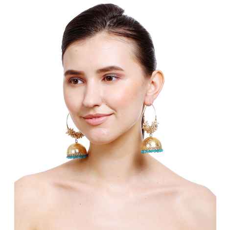 Bamboo Tree Jewels Blue Beads Gold Kundan Hoop Earrings