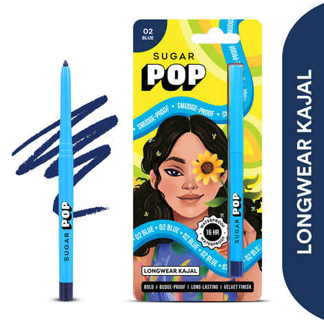 SUGAR POP Longwear Matte Kajal - 02 Blue - Intense Blue Kohl Kajal | Long Lasting, Smudge Proof Pencil, Water Proof, Single Stroke Velvet Finish | Lasts Up To 16 Hours - Pack of 1