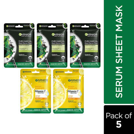 Buy Garnier Skin Naturals Face Serum Sheet Mask Pack of 5 (3 Charcoal + 2 Bright Complete Vitamin C) - Purplle