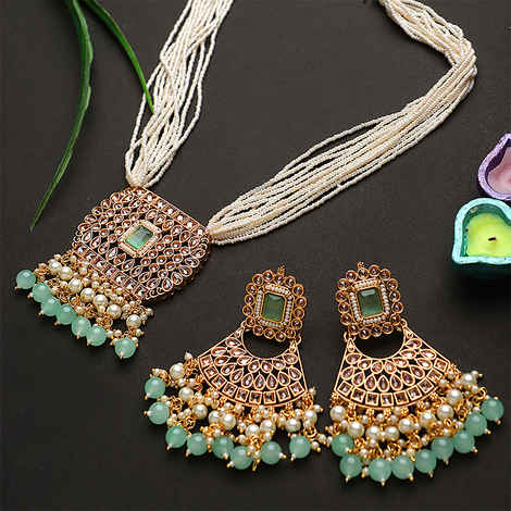Gold Plated Light Green Kundan Stone White Beads Long Necklace Jewellery Set Light Green