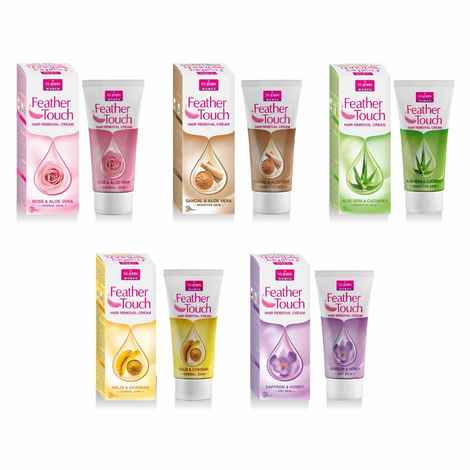 Buy VI-JOHN Women Feather Touch Rose & Aloevera ,Sandal & Aloevera ,Aoevera & Cucumber,Haldi & Chandan and Honey Saffron Hair Removal Cream 40g Each -Pack of 5 - Purplle