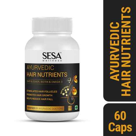 Sesa Ayurvedic Hair Nutrients - Plant based DHT Blocker, Biotin & Omega-3 | Controls Hair Fall & Stimulates Follicles | 60 Veg Capsules 60N