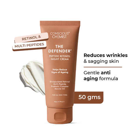 Buy Conscious Chemist The Defender Night Cream | 0.5% Retinol Moisturizer Cream | 50 gm | Night Cream, Face Cream for Men & Women, Multi peptide Anti aging cream, Reduces Fine lines, Neck lines & Wrinkles, All Skin Types - Purplle
