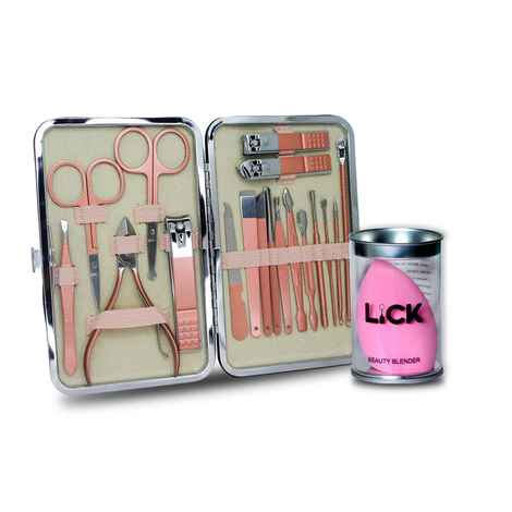 Buy Lick Combo Set of 18 in 1 Brown Manicure Pedicure Kit & 1 Pink Beauty Blender - Purplle