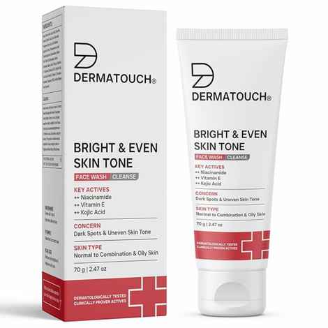 DERMATOUCH Bright & Even Tone Face Wash with Niacinamide, Vitamin E and Kojic Acid | Reduce blemishes , dark sport and balance skin tone - 70 gms