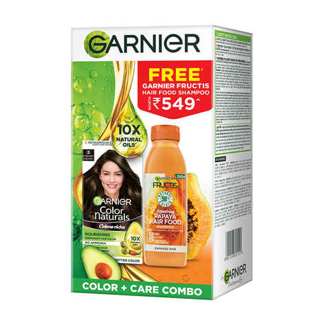 Buy Garnier Color Naturals shade 3, Darkest brown with Papaya Hair food shampoo | 70ml + 60g + 350ml - Purplle