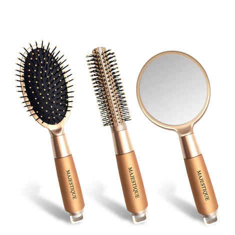 Buy Majestique Round and Oval Cushion Hair Brush Set with Handle Mirror, Soft Nylon Bristles for All Types Style in Men and Women - 3Pcs/Gold - Purplle
