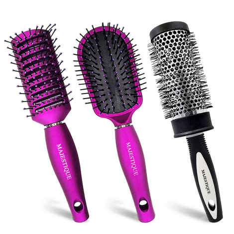Buy Majestique Professional Hair Brush Set | Detangling, Vent, and Blow Dry Brushes | Soft Nylon Bristles for All Types Style - 3Pcs/Multicolor - Purplle