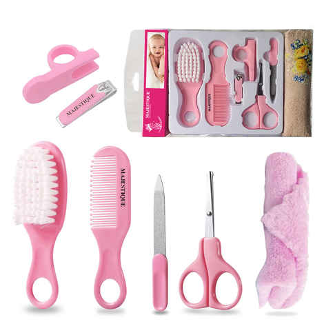 Buy Majestique Baby Grooming Set - Brush, Comb, Clipper, File & Baby Towel 7 Pcs - Pink (Color May Vary) - Purplle
