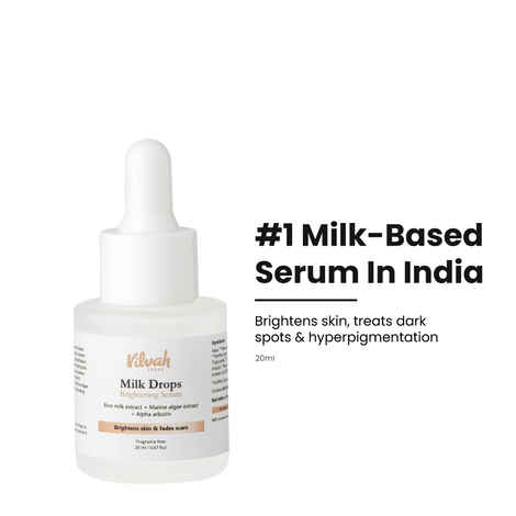 Vilvah Store Milk Drops Brightening Serum Formulated With Rice Milk Extract, Marine Algae Extract, Alpha Arbutin, Fades Scars, Brightens Skin & Even Skin Tone For All Skin Type, 20 ml