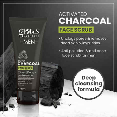 Buy Globus Naturals Anti Pollution & Anti Acne Charcoal Face Scrub, Detox & Deep Cleanse Formula, Fights Pollution and De-Tans skin, For Men with Oily & Acne Prone Skin, 100 gms - Purplle