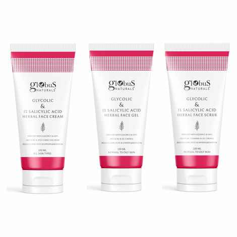 Buy Globus Naturals Glycolic & 1% Salicylic Acid Anti-Acne Face care Combo - Set of 3 Face Cream, Face Gel & Face Scrub - Purplle