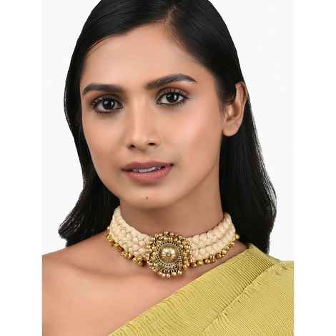 Joules by Radhika Gold And Beige Satin Choker Necklace