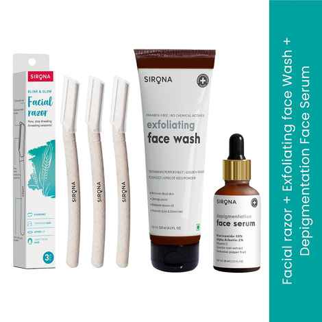 Buy Sirona Bright Skin Routine Combo of Exfoliating Face Wash with Face Razors and Face Serum 3 Pcs - Purplle