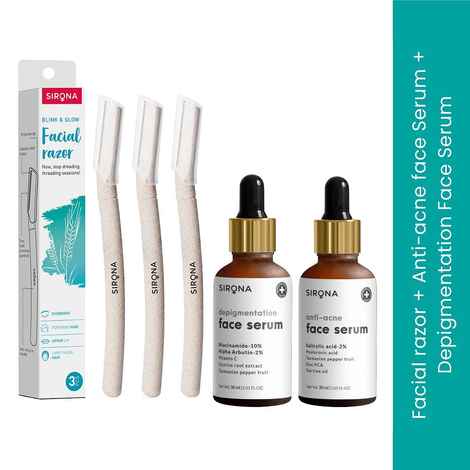 Buy Sirona Be Bright and Clear Combo of Face Razors, Anti-Acne Face Serum and Depigmentation Face Serum 3 Pcs - Purplle