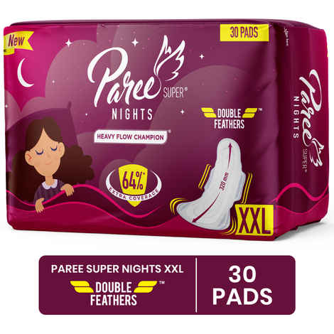 Buy Paree Super Nights Sanitary Pads with Double Feather for Heavy Flow, XXL | All Night Leakage Protection and Convenient Disposable Pouch - 30 Pads - Purplle