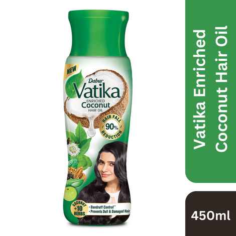 Buy Vatika Enriched Coconut Hair Oil - 450 ml | For Strong, Thick & Shiny Hair | Clinically Tested to Reduce 50% Hairfall in 4 Weeks | Controls Dandruff | Prevents Dull & Damaged Hair | Good for Scalp Health | Enriched with 10 Herbs - Purplle