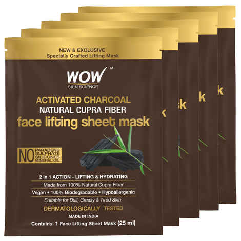 Buy WOW Skin Science Activated Charcoal Natural Cupra Fiber Face Lifting Sheet Mask - For Skin Purification and Skin Hydration - 25ml - Pack of 5 - Purplle