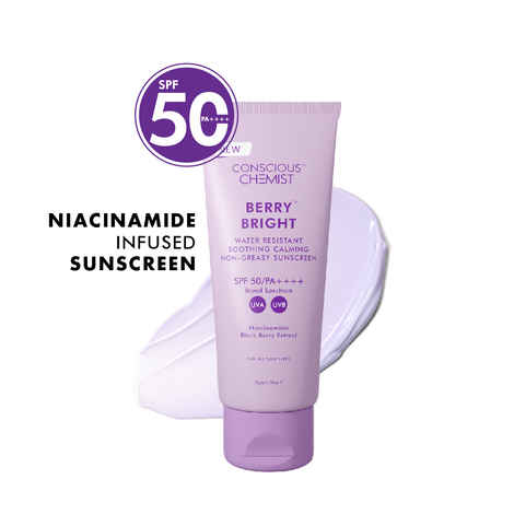 Buy Conscious Chemist Berry Bright Water Resistant Sunscreen | Sunscreen SPF 50 PA++++ | 50 gm | Sunscreen for Oily Skin, Niacinamide Sunscreen with Black Berry Extract, Hybrid Lightweight, Water Resistant, All Skin Types - Purplle
