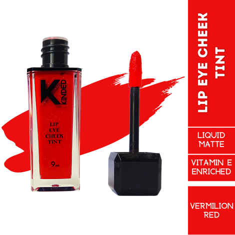 Buy KINDED Lip Eye and Cheek Tint for Women Girls Pigmented Liquid Lip Colour Lipstick Tint Eyeshadow Blush with Vitamin E Longlasting Moisturizing Nourishing (Liquid Matte Finish, Vermilion Red, 9 ml) - Purplle