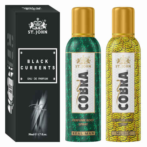Buy St John Cobra No Gas Deodorant Music, Real Man 100 ml each & Black Current 50 ml Combo Perfume Body Spray - For Men & Women (250 ml, Pack of 3) - Purplle