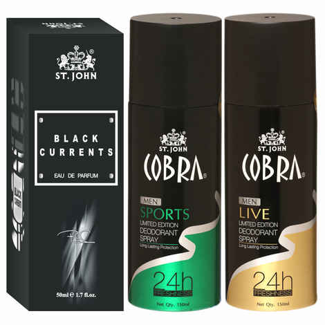 Buy St John Cobra Deodrant Live & Sports 150 ml each & Black Current 50 ml Perfume Combo Pack Perfume Body Spray - For Men & Women (350 ml, Pack of 3) - Purplle