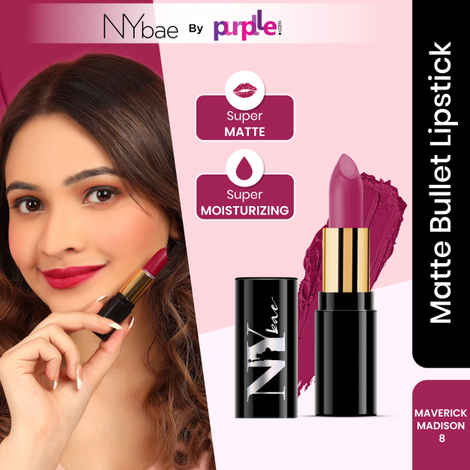 NY Bae Super Matte Lipstick - Maverick Madison 8 (4.2 g) | Purple | Matte Finish | Enriched with Vitamin E | Rich Colour Payoff | Nourishing | Long lasting | Smudgeproof | Vegan | Cruelty & Paraben Free