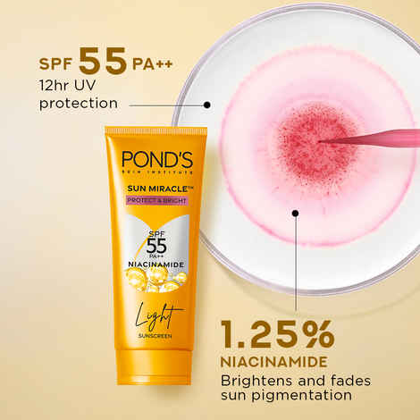 Buy POND’S Sun Miracle SPF 50 PA+++ Light Sunscreen - Protect & Bright, With 3% Active Niacinamide |100g - Purplle