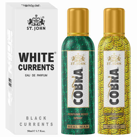 Buy St John Cobra No Gas Deodorant Music, Real Man 100 ml each & White Current 50 ml Combo Perfume Body Spray For Men & Women (250 ml, Pack of 3) - Purplle