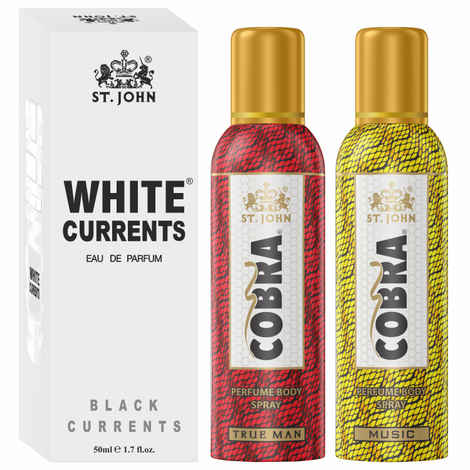 Buy St John Cobra No Gas Deodorant Music, True Man 100 ml each & White Current 50 ml Combo Perfume Body Spray For Men & Women (250 ml, Pack of 3) - Purplle