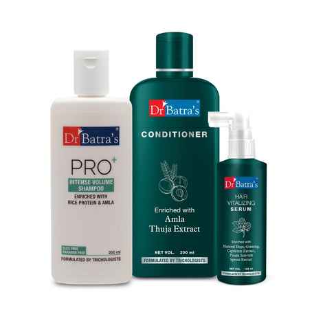 Buy Dr.Batra`s Pro+Intense Volume Shampoo 200ml, Conditioner 200 ml and Hair Vitalizing Serum 125 ml (Pack of 3 Men and Women) - Purplle