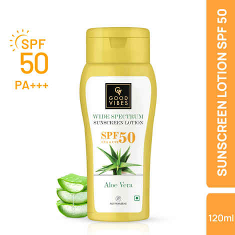 Buy Good Vibes Aloe Vera Wide Spectrum Sunscreen Lotion SPF 50 | Non-Greasy, Anti-Ageing | Nourishing | No Parabens, No Animal Testing (120 ml) - Purplle