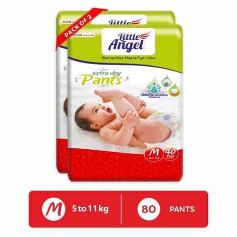 Buy Little Angel Extra Dry Baby Pants Diaper, Medium (M) Size, 80 Count, Super Absorbent Core Up to 12 Hrs. Protection, Soft Elastic Waist Grip & Wetness Indicator, Pack of 2, 40 count/pack, Upto 5-11kg - Purplle