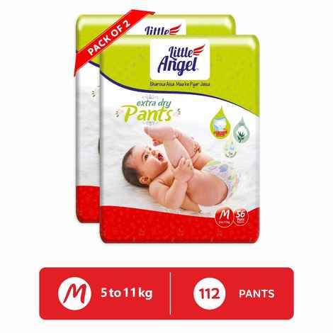 Buy Little Angel Extra Dry Baby Pants Diaper, Medium (M) Size, 112 Count, Super Absorbent Core Up to 12 Hrs. Protection, Soft Elastic Waist Grip & Wetness Indicator, Pack of 2, 56 count/pack, Upto 5-11kg - Purplle