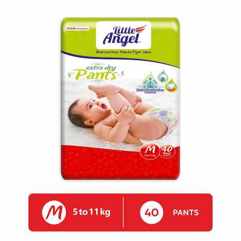 Buy Little Angel Extra Dry Baby Pants Diaper, Medium (M) Size, 40 Count, Super Absorbent Core Up to 12 Hrs. Protection, Soft Elastic Waist Grip & Wetness Indicator, Pack of 1, Upto 5-11kg - Purplle