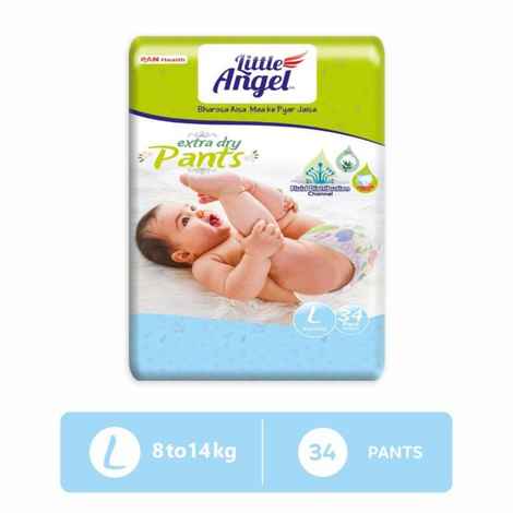 Buy Little Angel Extra Dry Baby Pants Diaper, Large (L) Size, 34 Count, Super Absorbent Core Up to 12 Hrs. Protection, Soft Elastic Waist Grip & Wetness Indicator, Pack of 1, 8-14kg - Purplle