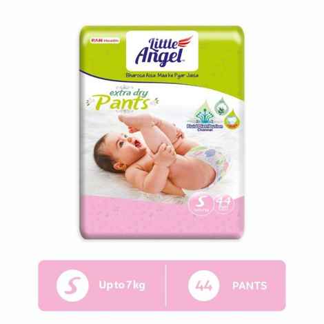 Buy Little Angel Extra Dry Baby Pants Diaper, Small (S) Size, 44 Count, Super Absorbent Core Up to 12 Hrs. Protection, Soft Elastic Waist Grip & Wetness Indicator, Pack of 1, Upto 7kg - Purplle