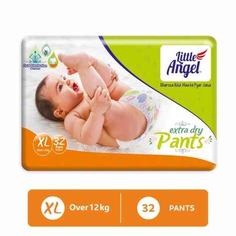 Buy Little Angel Extra Dry Baby Pants Diaper, Extra Large (XL) Size, 32 Count, Super Absorbent Core Up to 12 Hrs. Protection, Soft Elastic Waist Grip & Wetness Indicator, Pack of 1, Over 12kg - Purplle