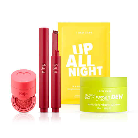 Buy Korean Face Makeup Bundle | Kaja Lip Gloss Stick (Too Hot), Kaja Cheeky Stamp (Bossy), I DEW CARE Say You Dew Vit C Cream, I DEW CARE Sheet Mask (Up all Night) Combo of 4 - Purplle