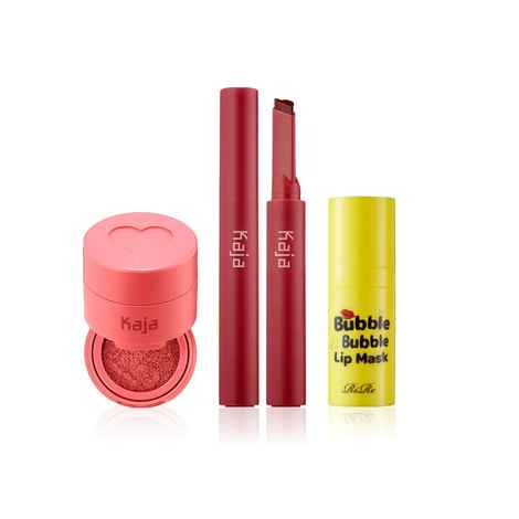 Buy Korean Lipcare Makeup Bundle | Kaja Lip Gloss Stick (Too Hot), Kaja Cheeky Stamp (Bossy), RIRE Bubble Lip Mask Combo of 4 - Purplle