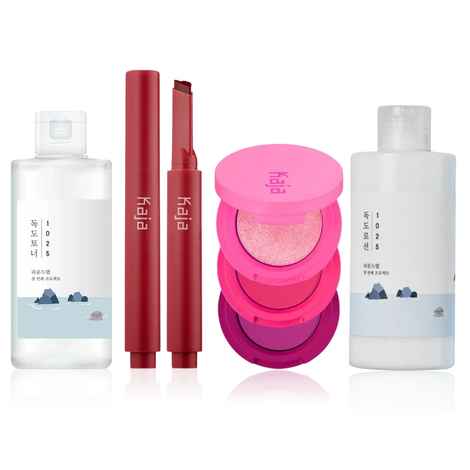 Buy Korean Face & Skin Beauty Bundle -02| Kaja Lip Gloss Stick (Too Hot), Kaja Beauty Bento (Hella Azalea), Round Lab Toner (Mini), Round Lab Lotion (Mini) - Purplle