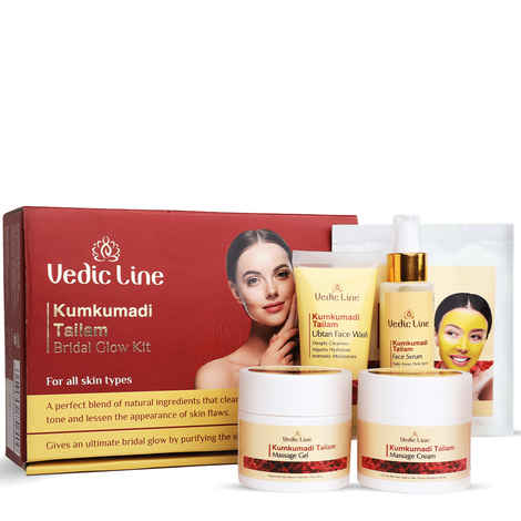 Buy Vedicline Kumkumadi Tailam Bridal Glow Kit helps Deep Clean Pores, Pull out impurities, and Fade Blemishes With Goodness of Almond Oil & Olive Oil For Healthy Glowing Skin 400ml*100gm - Purplle