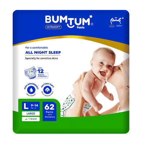 Bumtum Baby Diaper Pants with Double Leakage Protection - 9 to 14 Kg (62 Count, Large, Pack of 1)