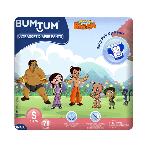Buy Bumtum Chota Bheem Baby Diaper Pants with Leakage Protection -4 to 8 Kg (Small, 78 Count, Pack of 1) - Purplle