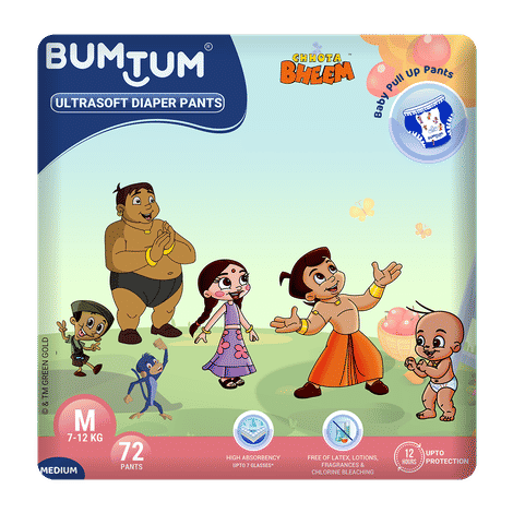 Bumtum Chota Bheem Baby Diaper Pants with Leakage Protection -7 to 12 Kg (Medium, 72 Count, Pack of 1)