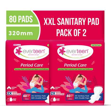 everteen Period Care XXL Soft 40 Sanitary Pads 320mm with Double Flaps enriched with Neem and Safflower - 2 Packs (40 Pads Each)