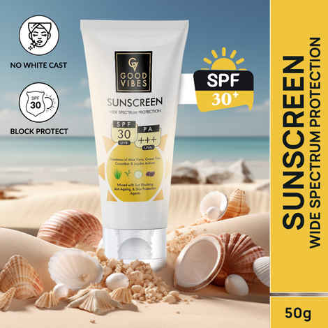 Buy Good Vibes Wide Spectrum Protection Sunscreen with SPF 30 | Non-Greasy, Anti-Ageing | With Aloe Vera | No Parabens, No Animal Testing (50 gm) - Purplle