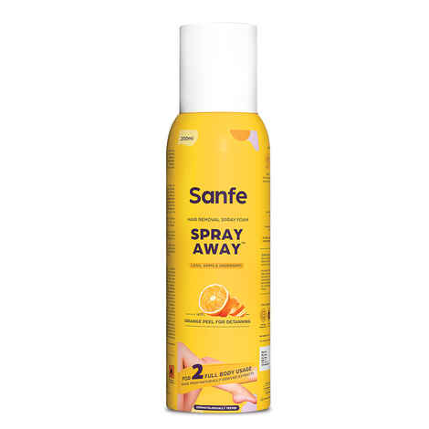 Sanfe Painless & Detan Hair Removal Spray Foam - 200 ml | For Chest, Legs, Arms & UnderArm | Removes Hair in 10 Minutes with Skin Detan | Orange Peel, Aloevera, Vitamin E & Niacinamide