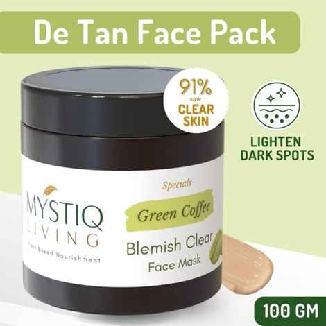Mystiq Living Tan Removal Face Pack Green Coffee Blemish Clear Face Mask (100 GM) with Kojic Acid, Anti Pigmentation, Dark Spot Removal, De Tan, Skin Brightening & Glowing Skin For Women & Men